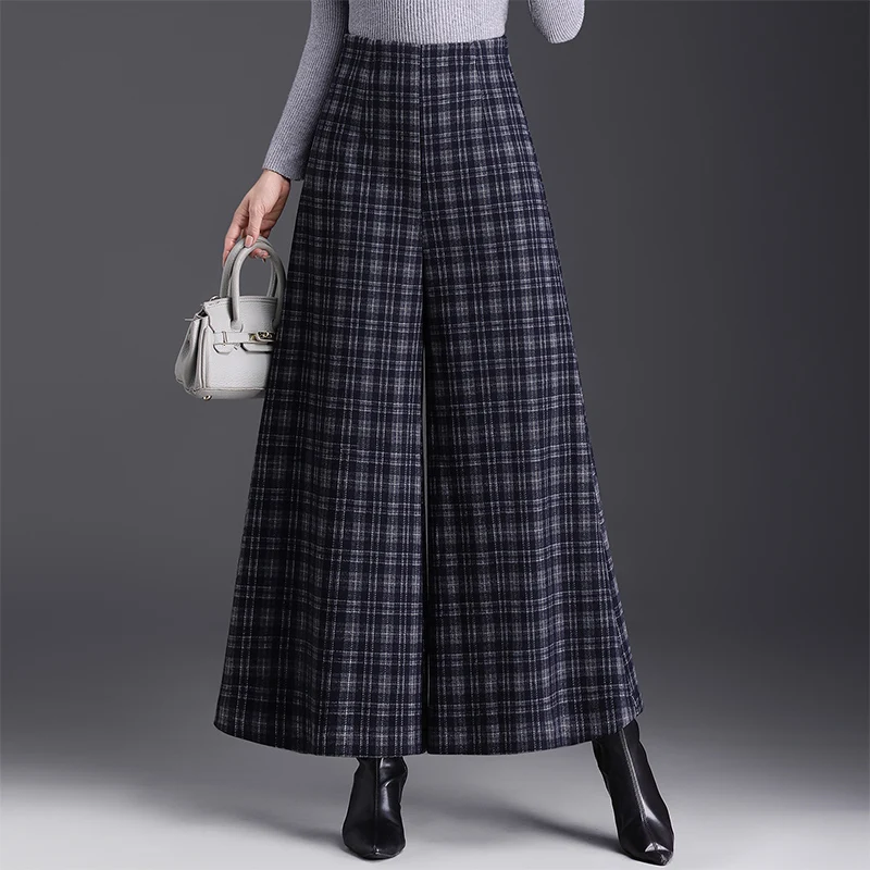 

Женские повседневные утепленные шерстяные брюки в клетку с высокой талией, широкие, укороченные (7/8), осенне-зимние, новинка, большие размеры