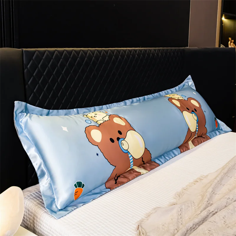 Cartoon Bear Pillowcase Long Double Lovers Pillowcase Ice Silk Satin Fabric Pillow Cover Home Sofa Cushion Hugging Pillow Cover