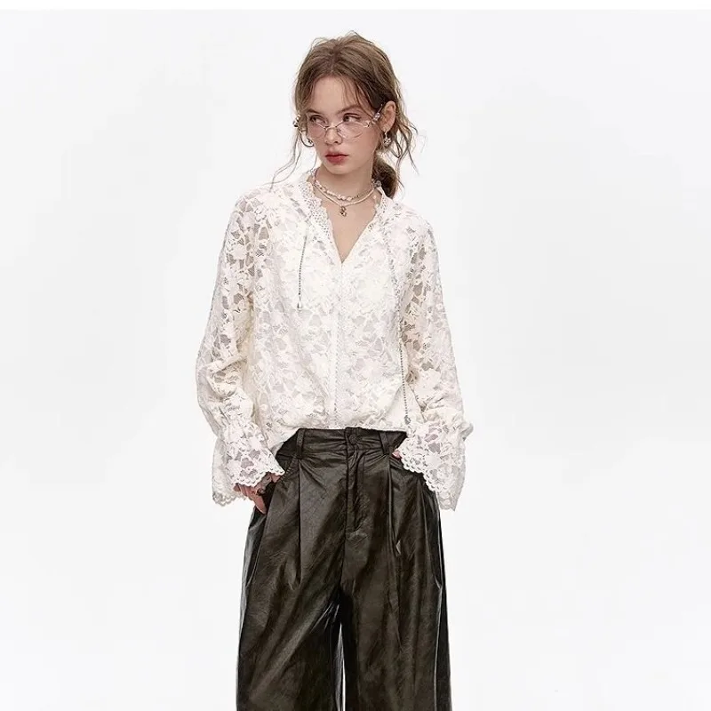 American White Layered Lace Shirt for Women 2025 Spring Autumn New Style High-end Chiffon Bottoming Shirt