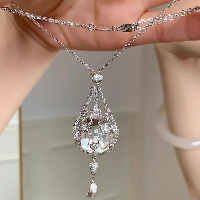 Inspiration silver 925 hollow out chain mesh pocket round beads crystal necklace earrings light luxury high-end jewelry sets