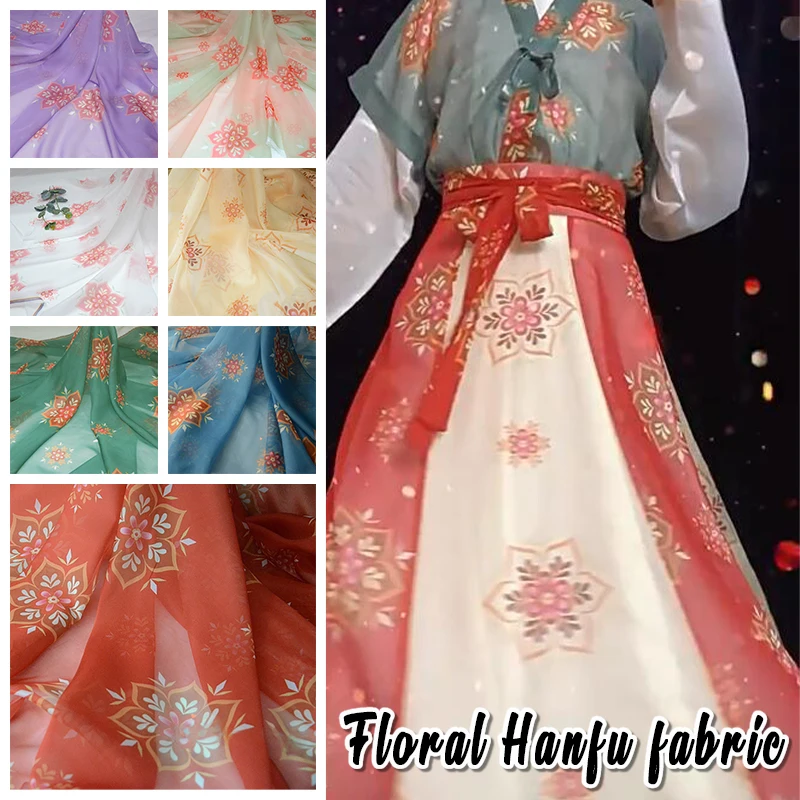 

Flower Print Chiffon Fabric DIY Hanfu Ancient Dress Tang Style Tuanhua Water Sleeve Dunhuang Dance Stage Costume Designer Fabric