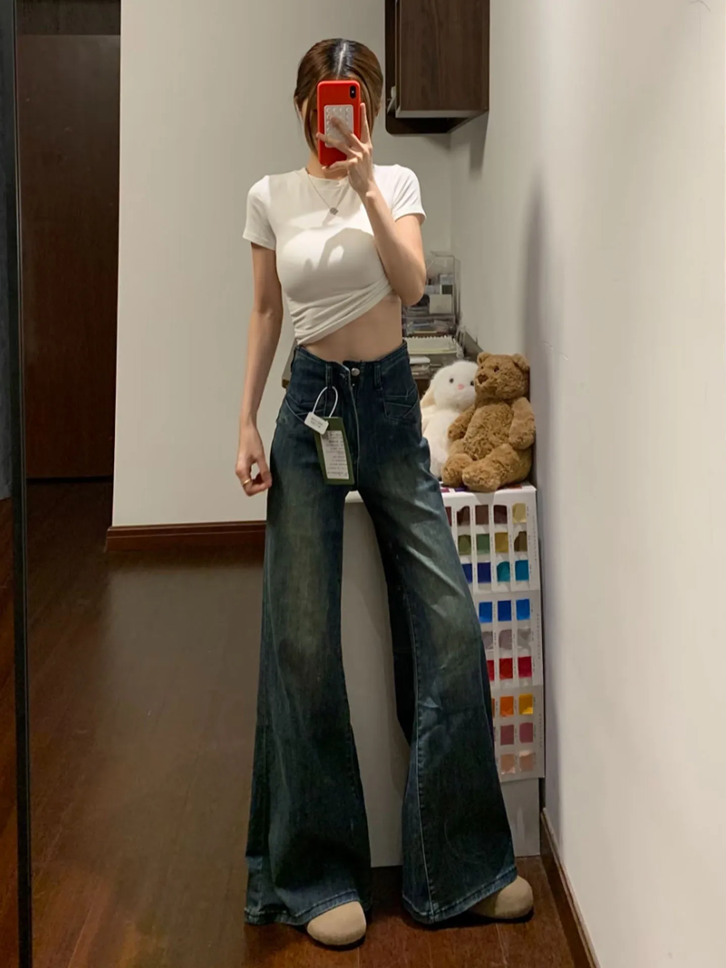 

Retro High Waist Stretchy Loose Fit Women's Bell Bottom Jeans Casual Cotton Blend Comfortable Breathable Blue Denim Pants