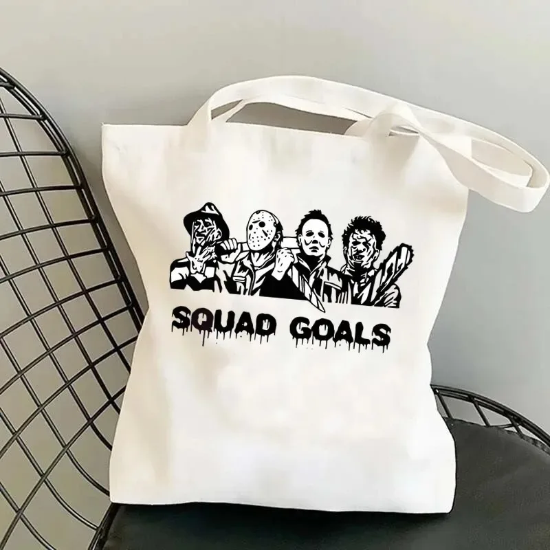 حقيبة كتف من القماش ذات سعة كبيرة لفيلم الرعب الكرتوني المضحك للهالوين، حقيبة تسوق مثالية لمهرجان الهالوين