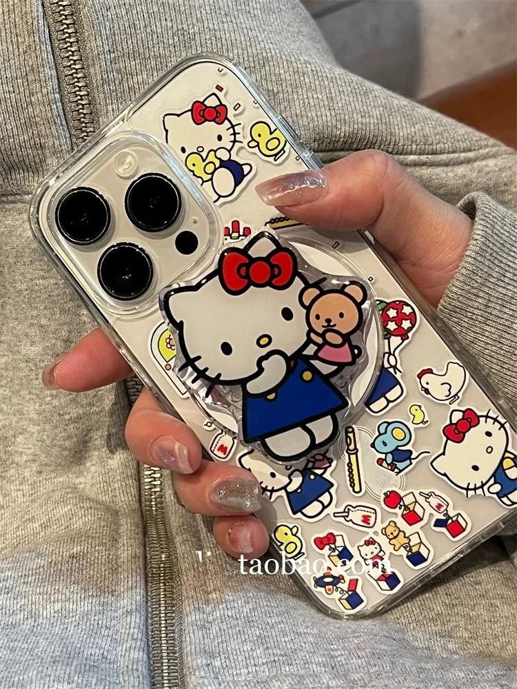 Cute Cartoon Painting Hello Kitty Bear Magnetic Holder Magsafe Wireless Charge Case For iPhone 16 13 12 11 14 15Pro Max XR Cover