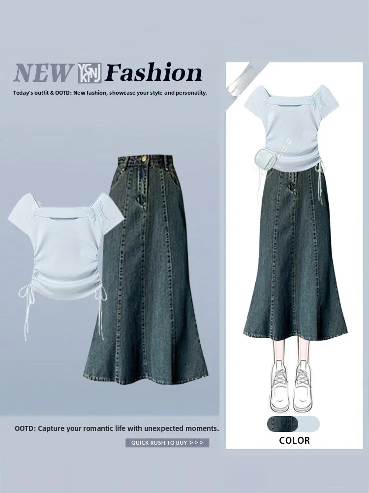 Summer 2025  Design ort Sve T-irt Blue Fi Tail Denim Skirt Set Vintage Retro Sle Polyester Fiber round Ne
