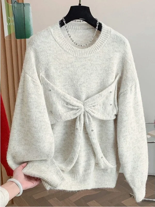 

Настоящий нежный зимний свитер большого размера FMM Ele, универсальный свитер на пуговицах с узлом, искусственный двухсекционный свитер, мягкий шерстяной повседневный свободный крой