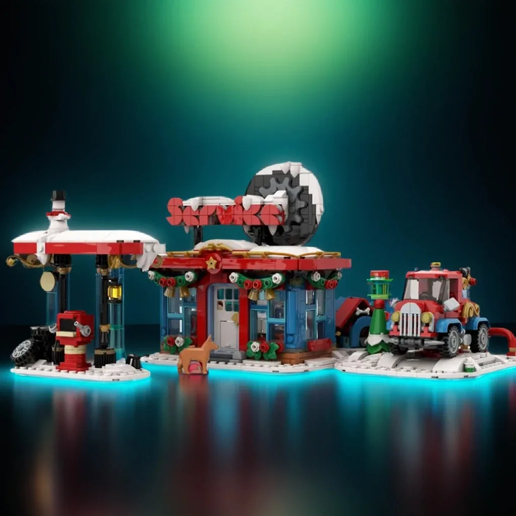 1227pcs MOC Little Winter Service Station Seasonal Christmas Creative Advanced Build Model Building Blocks Design Parts Toy Gift