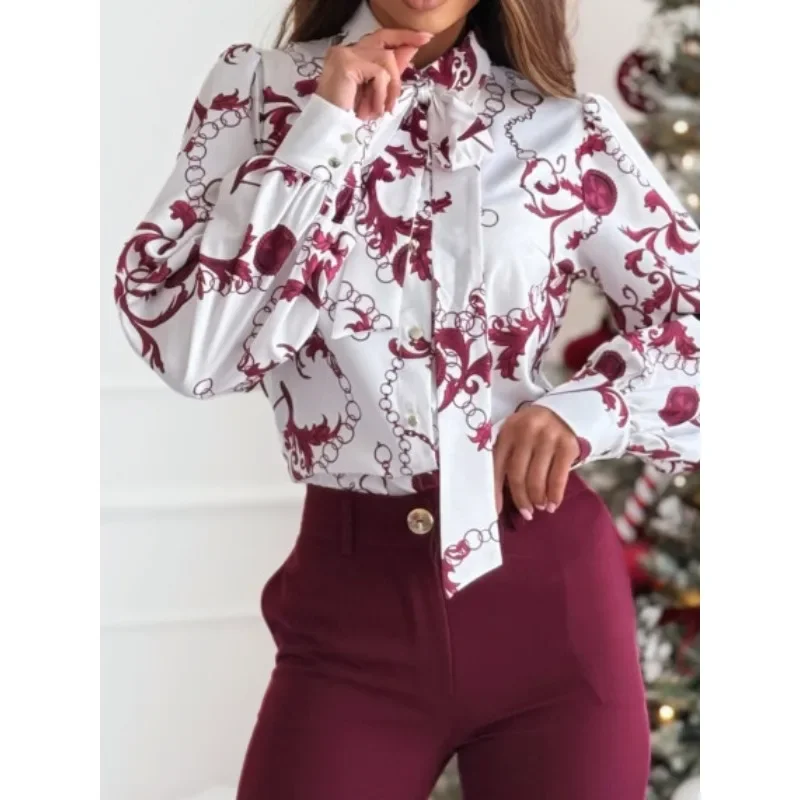 

S-XXL New Women's Fashionable Printed Long Sleeved Blouse Shirt Ladies Floral Casual Collar Bow Tie Shirt