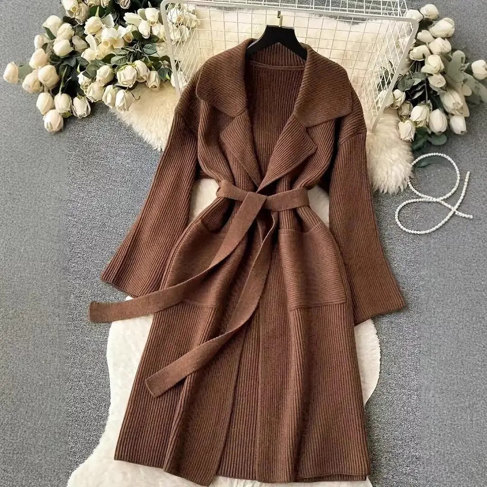 Sweater Knitted Women Cardigan Outerwear Sashes Turn Down Collar Jumpers Long Sleeve Solid 2025 Loose Fit Casual Pockets