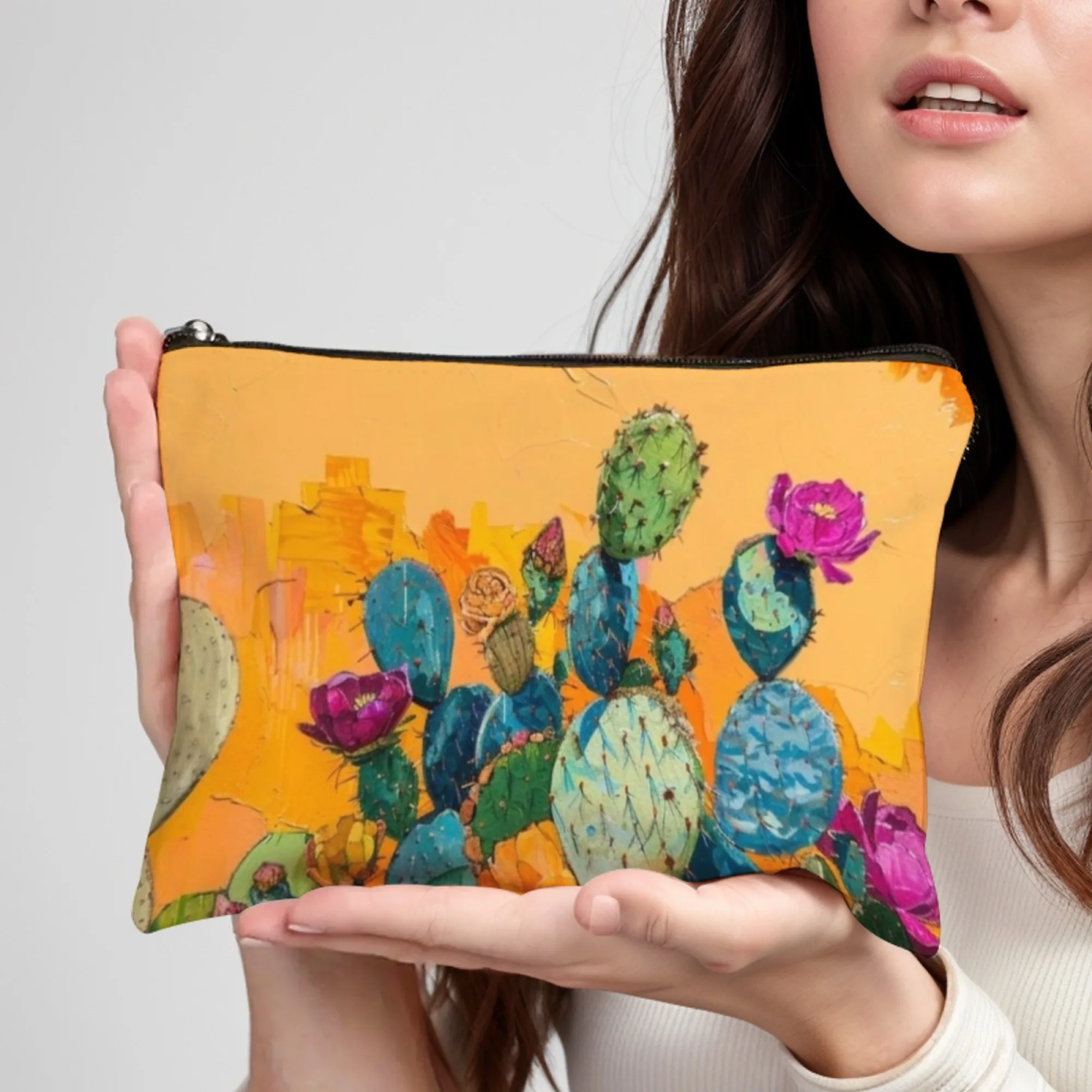 

Colorful Illustration Cosmetic Bag with Vivid Cactus Image Vibrant for Plant Lovers & Daily Makeup Organization Ideal Travel Use