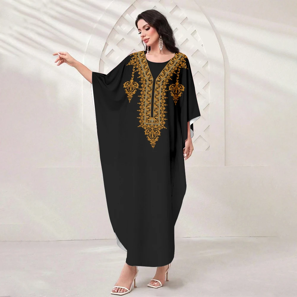 

Gilbab Muslim Women's Long Dress Summer Vintage Print Muslim Islamic Bat Sleeve Robe Delicate Muslim Dinner Noble Elegant Dress