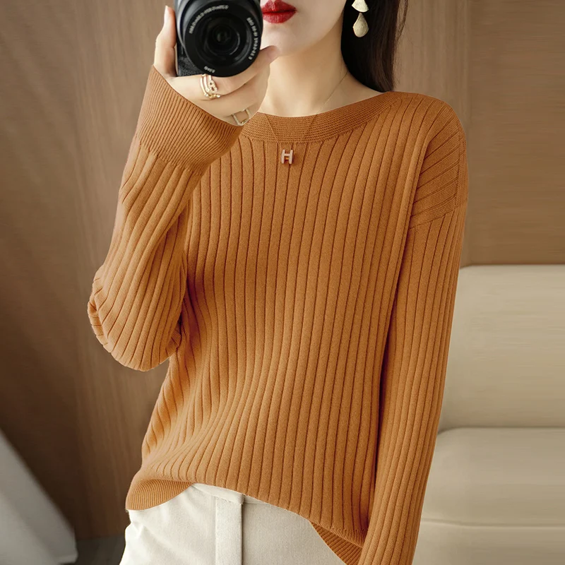 Korean Gentle Temperament Straight Neck Shoulder Pullover Fall/Winter 2023 Slim Fit Solid Color Long-Sleeved Sweater