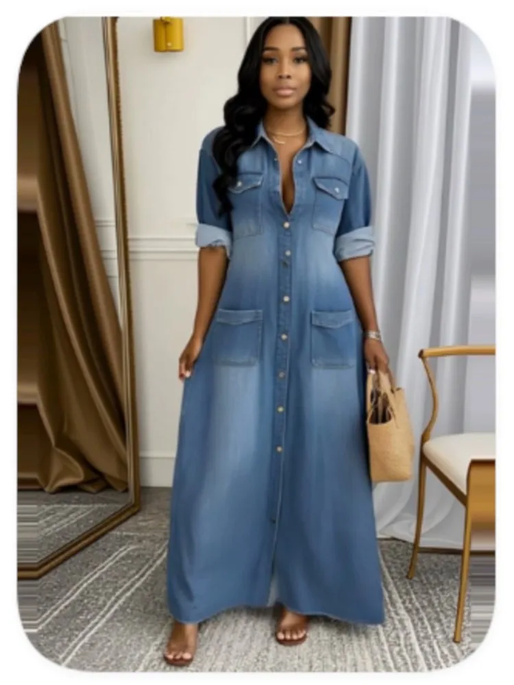 Dame Casual Denim Kleid Mode Lange Hülse Drehen-unten Kragen Taste Lose Kleider Robe Femme Büro Frauen Kleidung Frühjahr neue