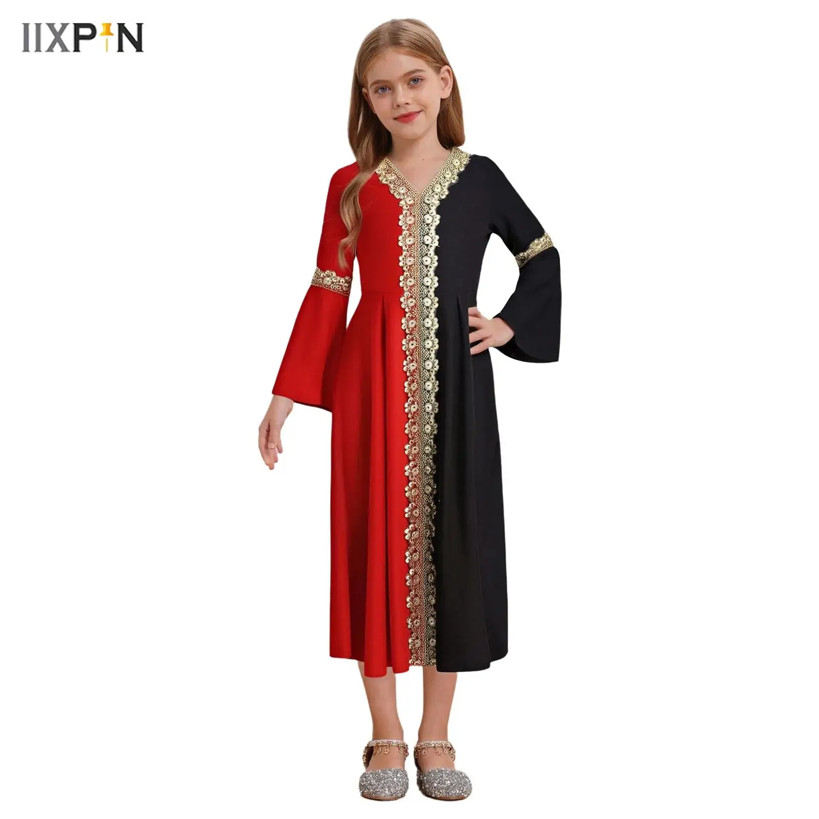 

Kids Girls Abaya Dress V-neck Long Flared Sleeve Color Block Pleated Dress for Theme Party Halloween Cosplay Church Clothing