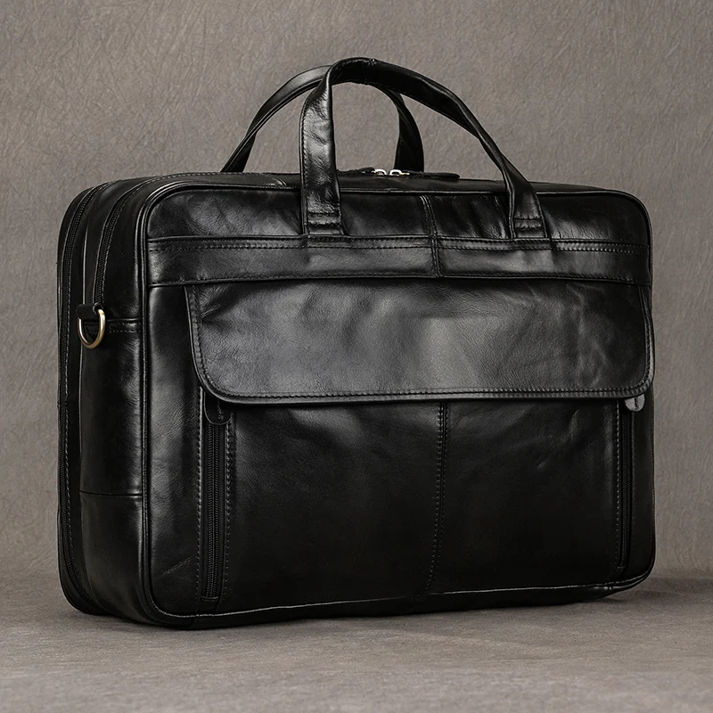 

17" Black Mens Genuine Leather Shoulder Bag Messenger Bag Travel Laptop Bag Men Male Document Business Bag Leather Briefcase Bag