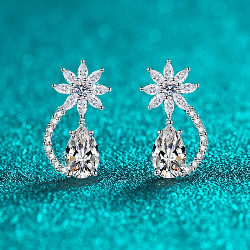 

Platinum Pt950 1ct Moissanite Classic Color D Waterdrop Flower Stud Earring For Charms Women Accessories Jewelry Party Gift