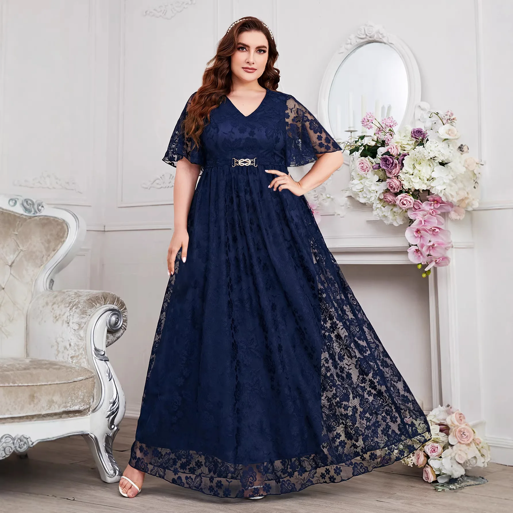 

Elegant plus Size Lace Dress V-Neck Maxi Bridesmaid Fashionable Women's High Waist Princess Sleeve Bodycon Skirt Chinese Made