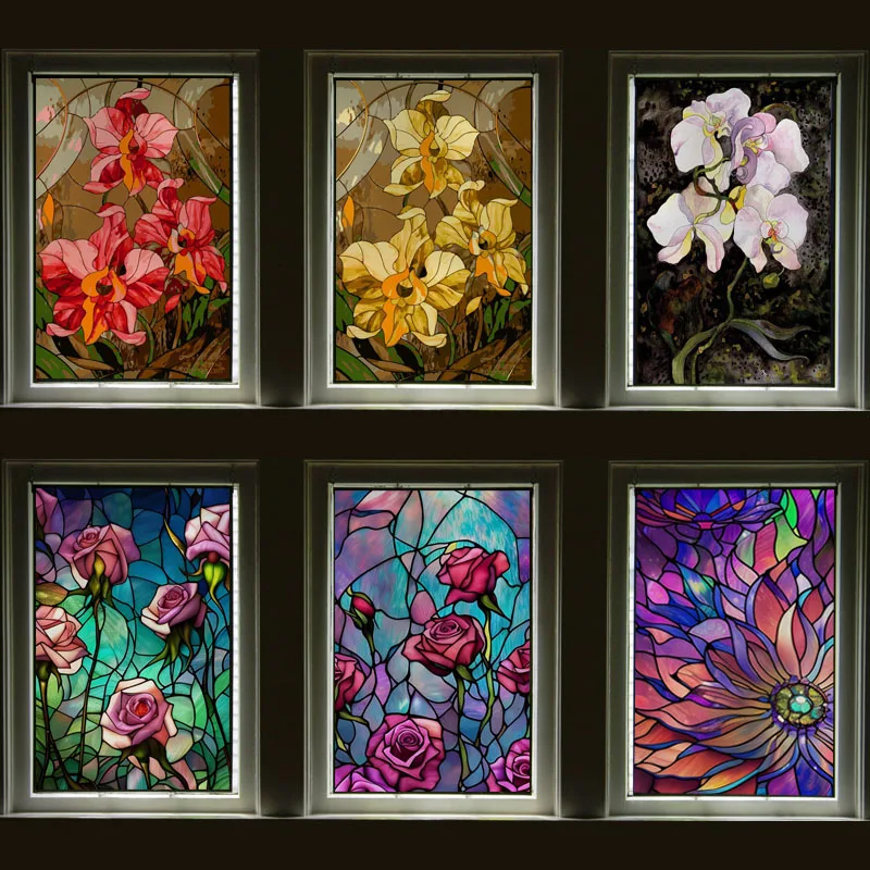 Stained Glass Window Film Static Cling Flower Rose Pattern Home Decorative Window Sticker Custom Personalized Privacy Glass