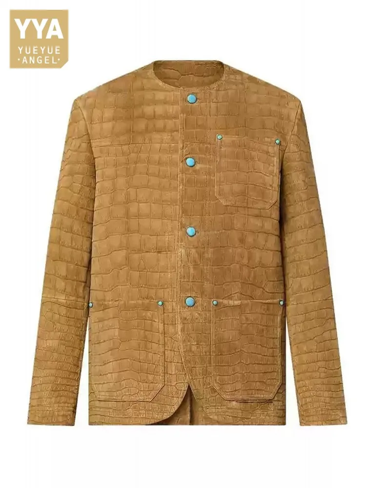 

High Quality Genuine Leather Jacket Men O Neck Single Breasted Autumn Loose Fit Long Sleeve Vintage Design Suede Sheepskin Coat