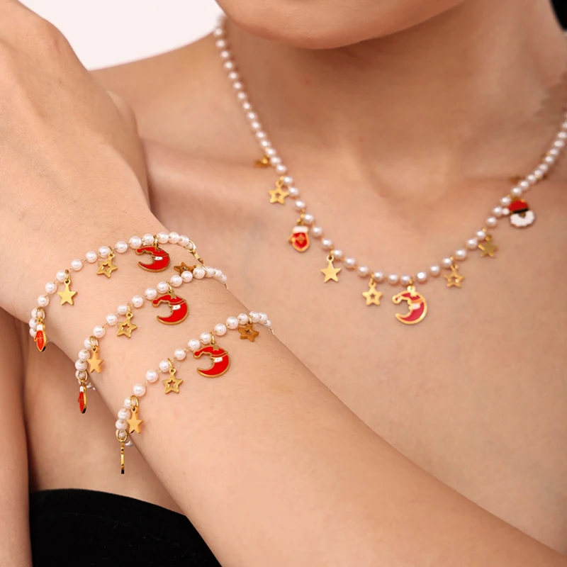 

Cute Santa Stainless Steel Chain Necklace Bracelet Set for Women Shell Beaded Waterproof Gold Plated Jewelry Christmas Gift