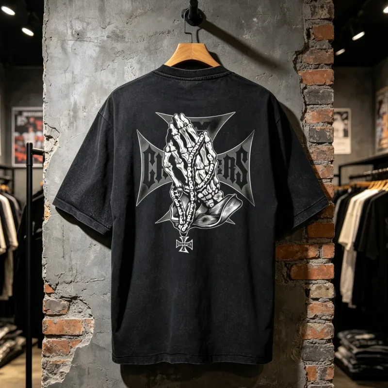 Washed Black West Coast Choppers Tshirts Bone Knot Skeleton Necklace Prayer Gesture Print Short Sleeve Men Women Streetwear