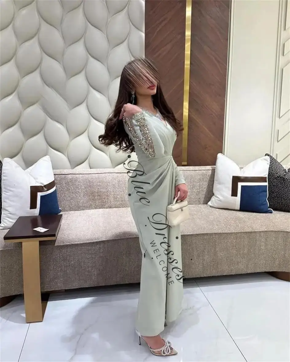 ชุดราตรีแขนยาวแบบสั่งตัด คอวี แต่งระบายประดับเลื่อม ยาวถึงข้อเท้า ชุดแต่งงาน ชุดออกงานกลางคืน