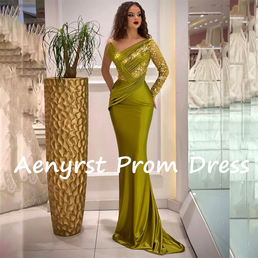 Aenyrst Een Schouder Met Lovertjes Saudi Arabia Avondjurken Zeemeermin Geplooide Bodycon Prom Dress Vloerlengte Formele Feestjurken