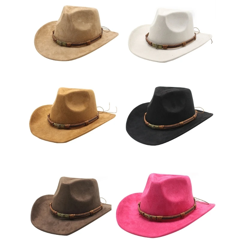 

Multiple Color Breathable Cowboy Hat Curved Brim Hat Casual Sunproof Hat with Ethnic Hat Rope Drop shipping