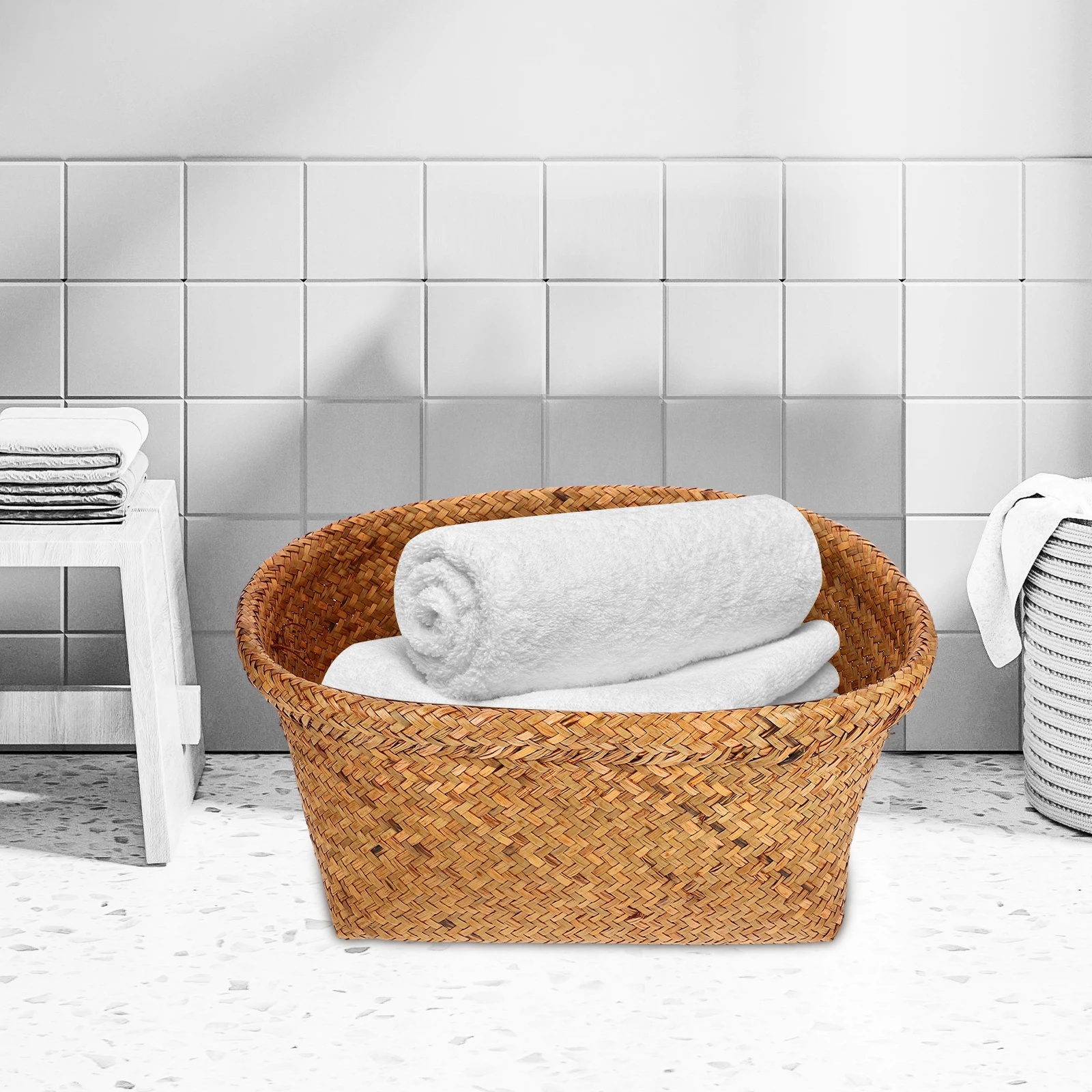 

1pc Sea Grass Woven Storage Basket Natural Multi-Functional Organizing Basket For Home Laundry Sundries Holder Desktop