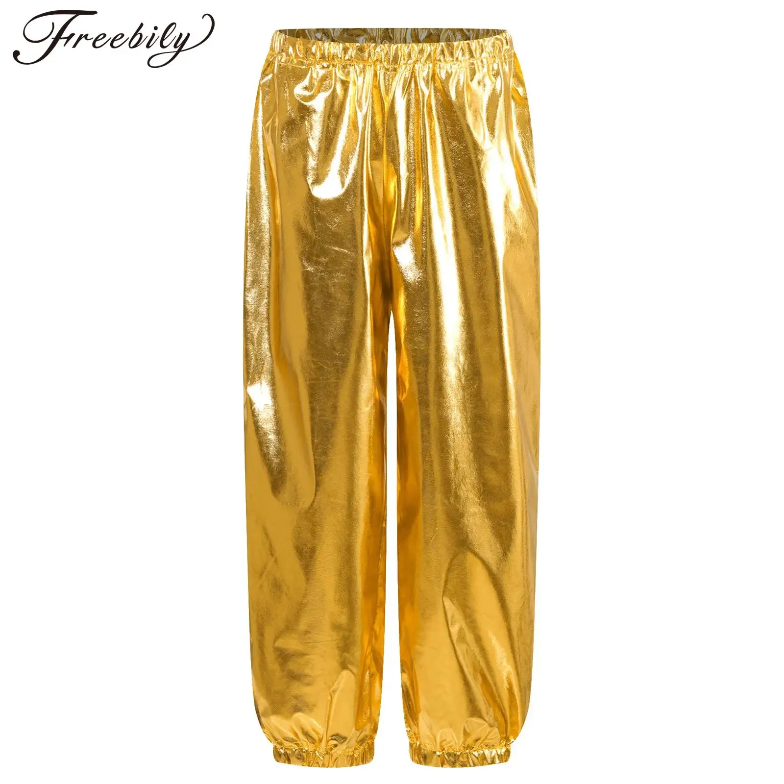 Kids Jazz Dance Cheerleading Performance Costume Metallic Shiny Mid Waist Jogger Pants Trousers School Party Show Dancewear