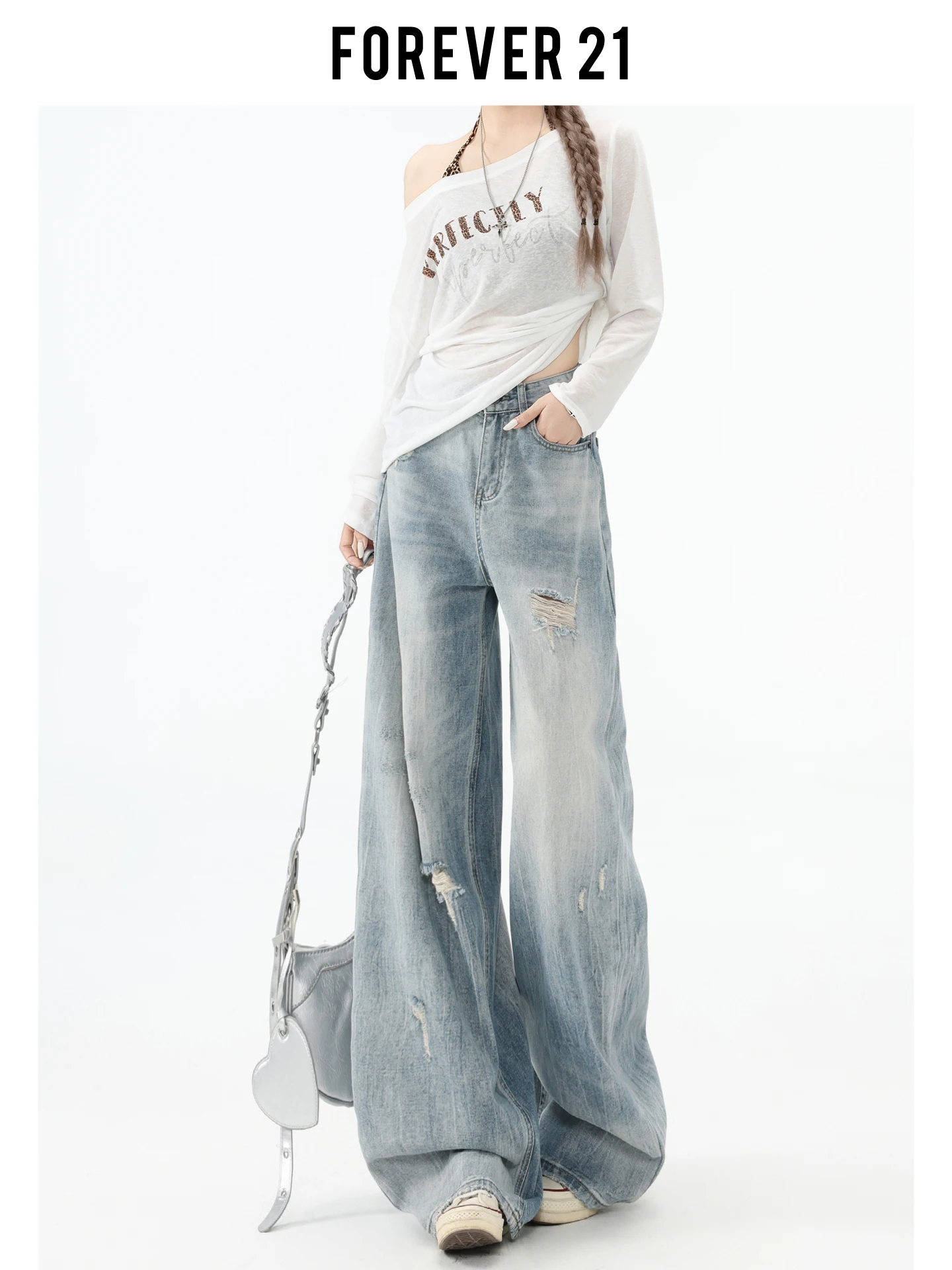 Jeans Anchos Azules Vintage de Diseño Americano Forever 21 para Mujer, Pantalones Largos de Cintura Alta con Agujeros, Estilo Casual de Verano