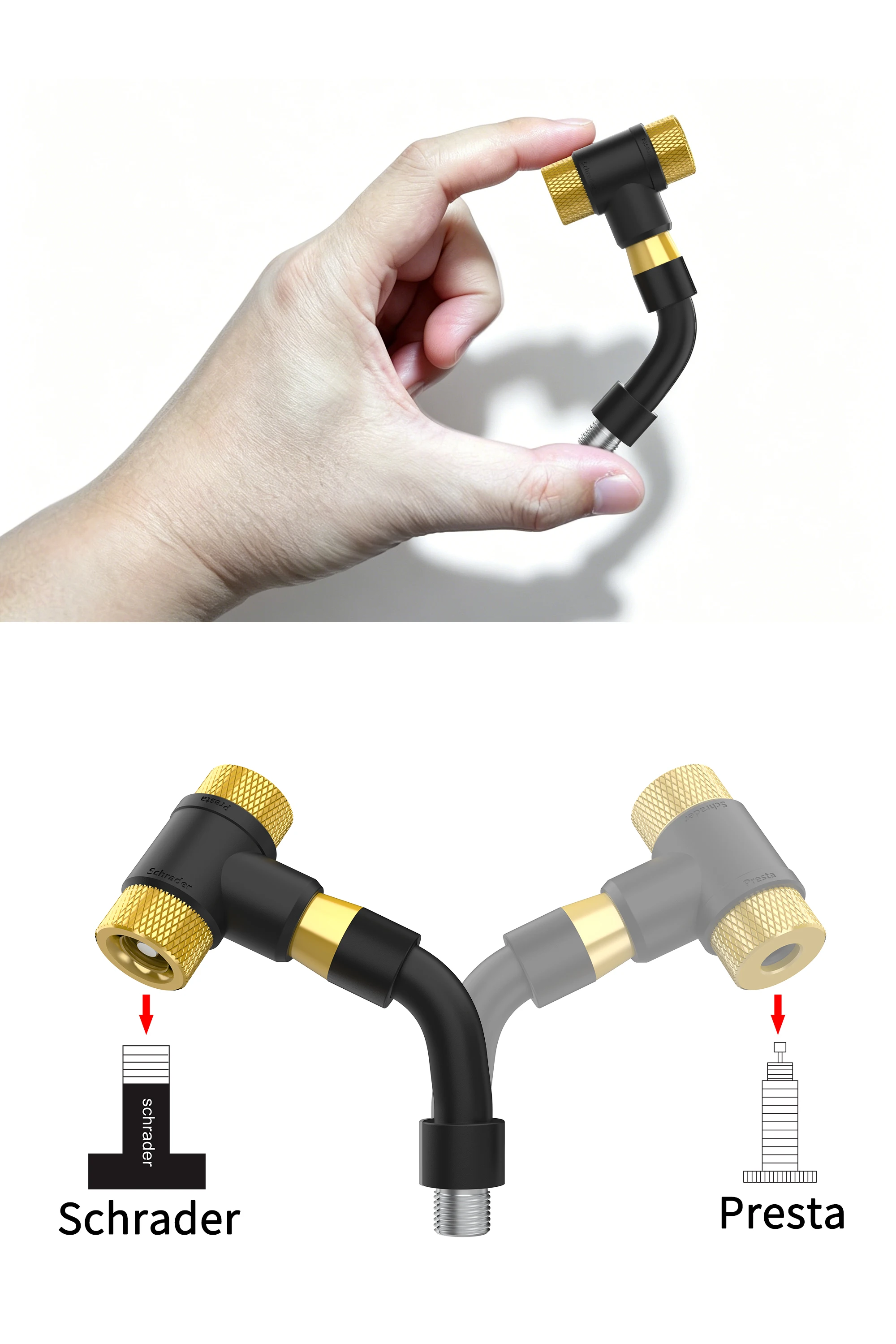 Doppelkopf-Fahrradpumpenadapter, Ventiladapter für Fahrräder, F/V A/V Schrader/Presta Ventiladapter für Fahrradausrüstung – Detail 2
