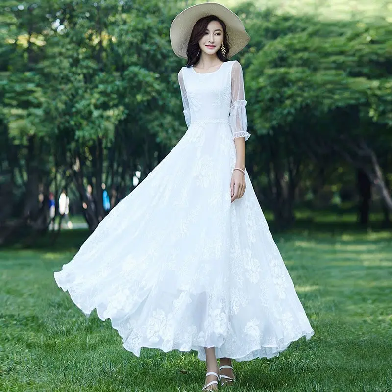 

Women Elegant Long Sleeve White Dress Fashion Lady High Waist A-line Dresses Temperament O-neck Slim Fit Evening Dress TS935