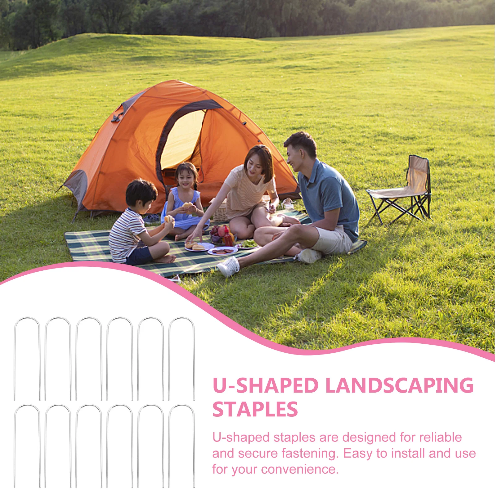 

4 U-образные гвозди, черные, 4 ремня для палаток, батутов, садовых кольев, металлический забор, ландшафтный дизайн, прочный