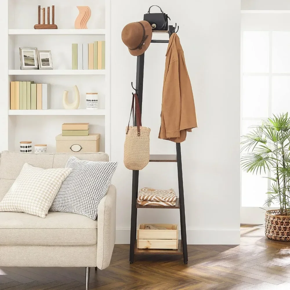 

Coat Racks with 3 Shelves, Stand withs Hooks,Steel Frame,Rustic Brown and Black clothes hangers