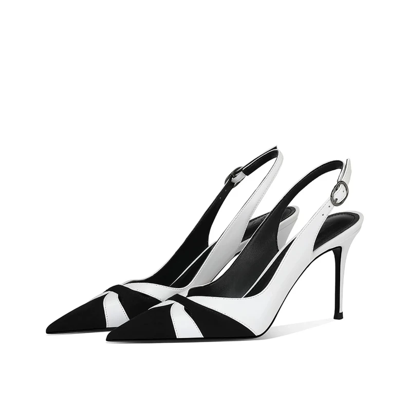 New pointed, slim and high-end high-heeled shoes with a single buckle and color blocking, women's bag toe sandals