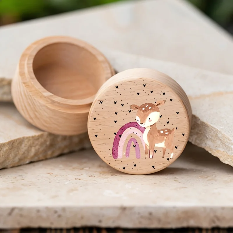 1pc Wooden Tooth Fairy Box with Cartoon Animal Pattern Design Umbilical Cord Souvenir Box Tooth Preservation Box Tooth Storage