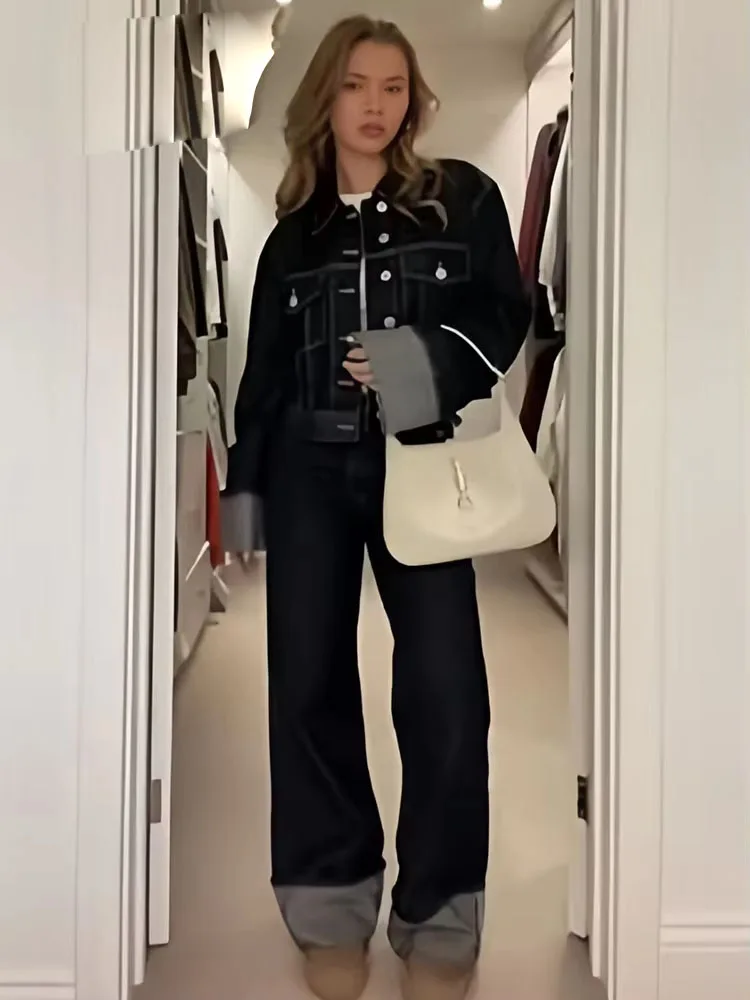 Autumn Fashion Women Denim High Waist Wide Leg Pants+Female Long Sleeve With Flap Pockets Cropped Coat Two Pieces Set