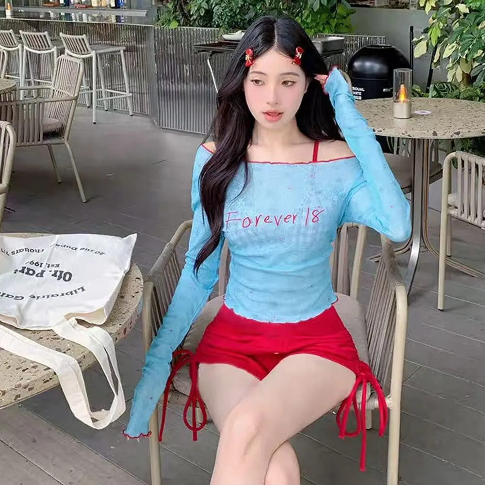 4 ピース/セット夏 Y2k 女性の水着ドーパミン長袖クロップトップス日焼け防止ブルー刺繍 T シャツ