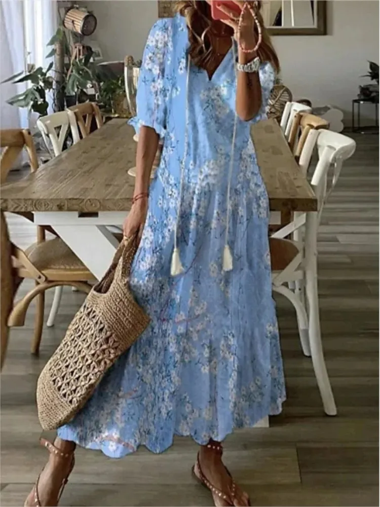 Women\'s 2024 Spring Summer New Casual Sweet Loose Sexy V-neck Fashion Printed Hanging Beard Middle Sleeve Long Dress