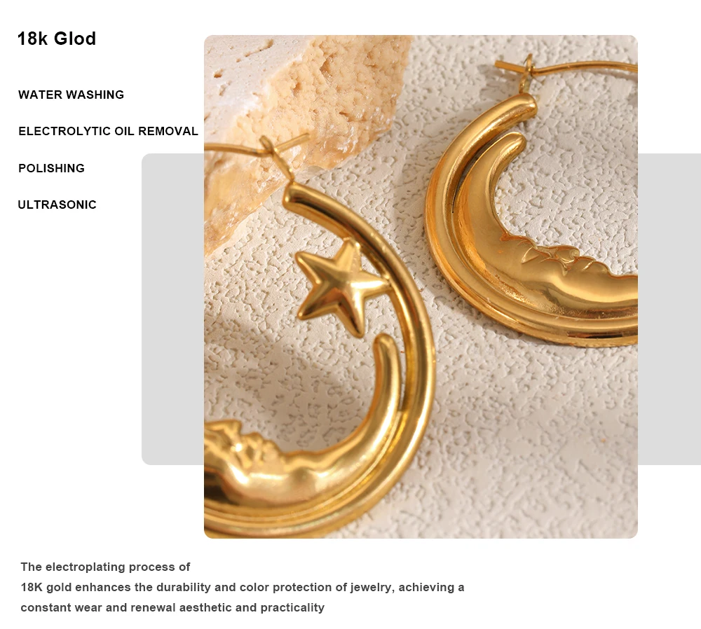 MamacitaSlay Einzigartige 316L Edelstahl Mond-Stern-Creolen, 18K vergoldet, wasserdichter Schmuck für Damen, Alltagskleidung, Geschenk – Detail 7
