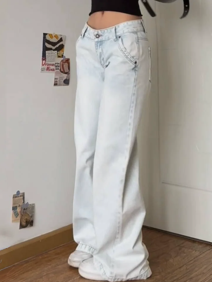 

Женские винтажные синие джинсы с низкой посадкой Y2K, прямые повседневные широкие джинсовые брюки с высокой талией, уличная одежда, брюки, одежда, брюки