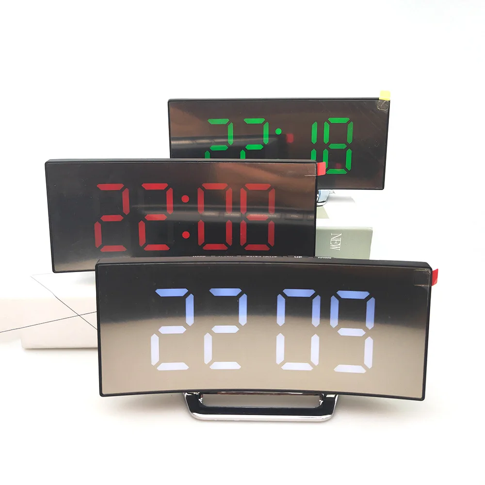 Creative curved electronic clock, large screen, LED mirror, silent alarm clock