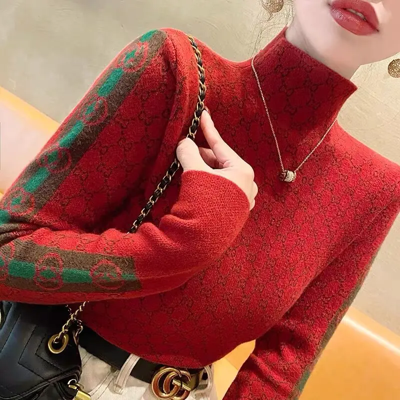 Women's Clothing Elegant Fashion Plaid Knit Pullovers Autumn All-match Slim Long Sleeve Mock Neck Pullovers Office Lady Chic Top