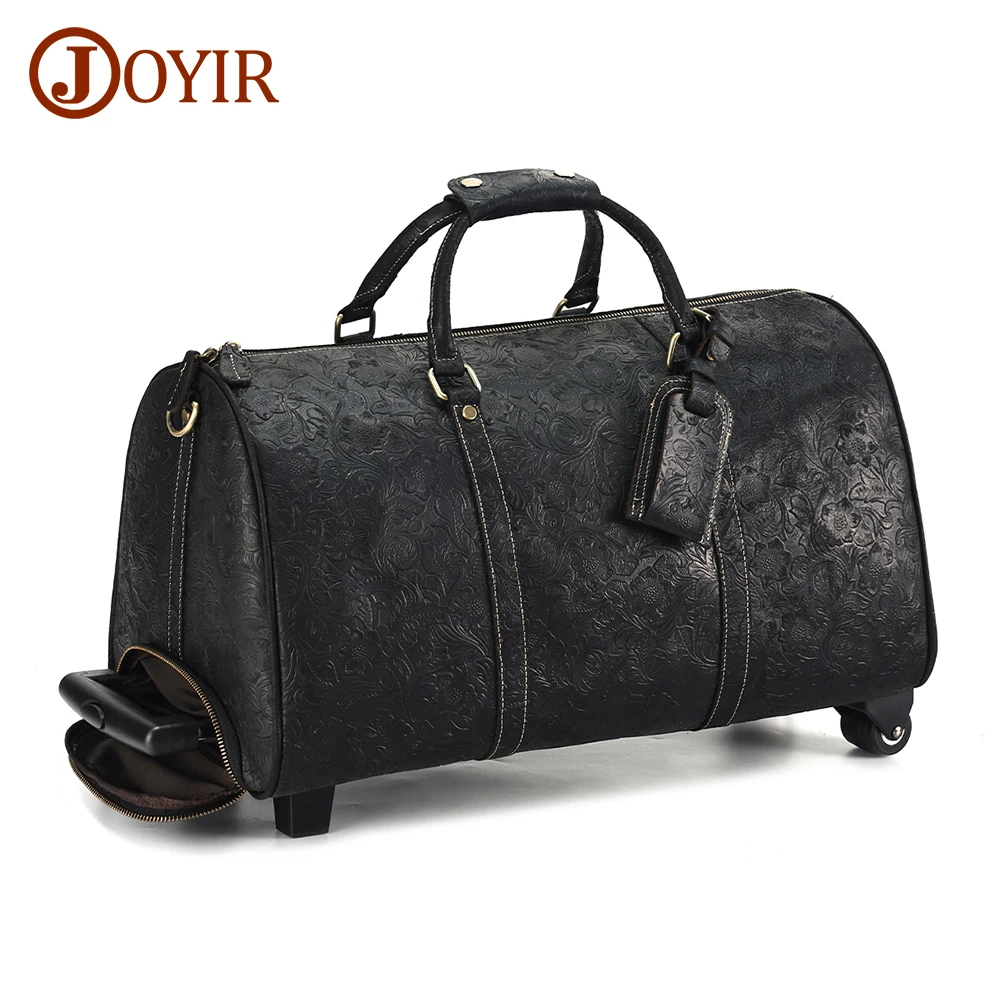 JOYIR Men Genuine Leather Trolley Travel Duffel Bag Vintage Male High Quality Business Luggage With Shoulder Strap Wheels