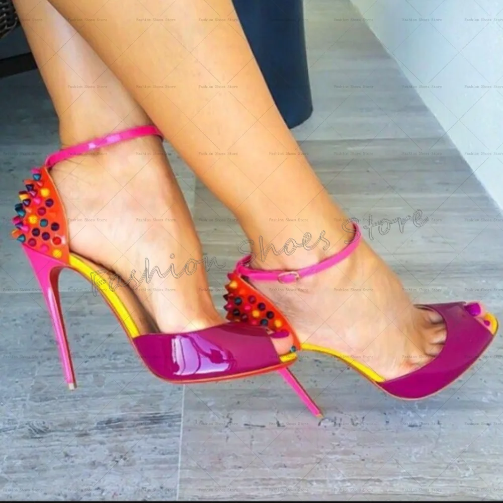 

Mixed Color Rivet Decor Peep Toe Sandals Patent leather Thin High Heels High Heel Shoes for Women Heels 2025 New Zapatos Para Mu