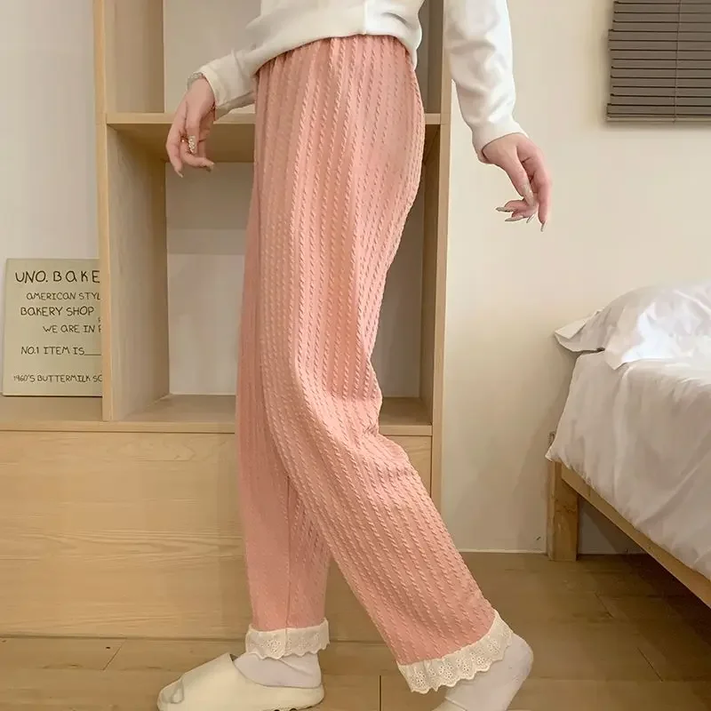

2025 Spring New Solid Color Pajama Women's Trousers Korean Style Casual Ins Loose Elastic Waist Lace Chic Home Pants