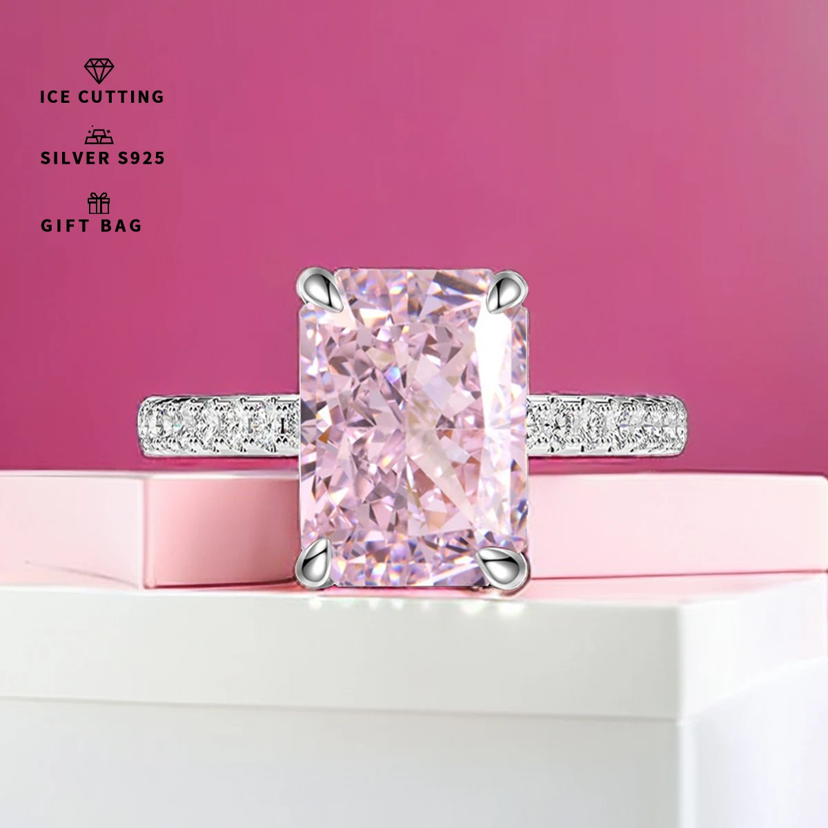 

S925 Sterling Silver plated platinum and golden Quality Pink rectangular Zircon Sparkle Ice Cut rings for women fine jewellry