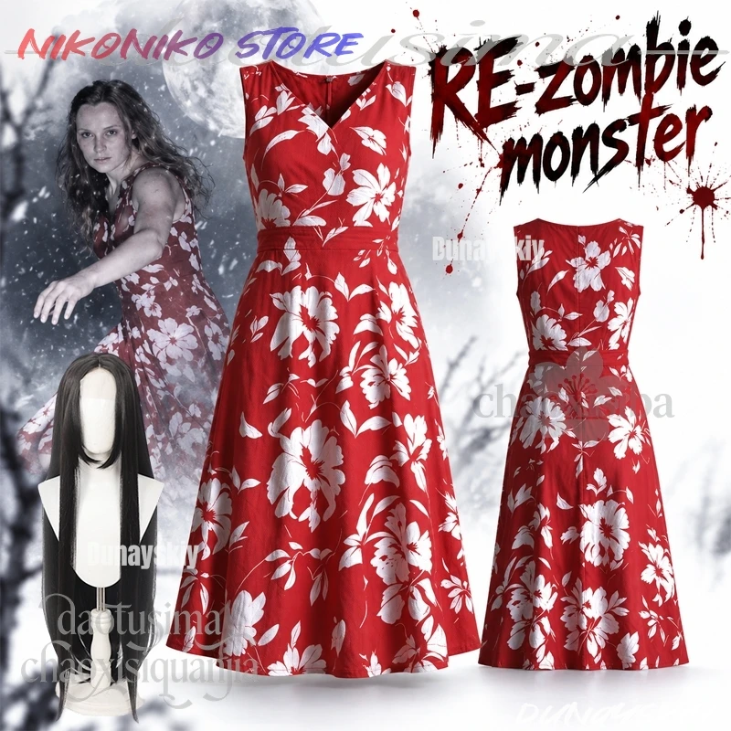 Monster Zombie Wigs White doctor's Coat Halloween Female Ghost White Flower Pattern Red Dress Party Horror Game Movie RE Cosplay