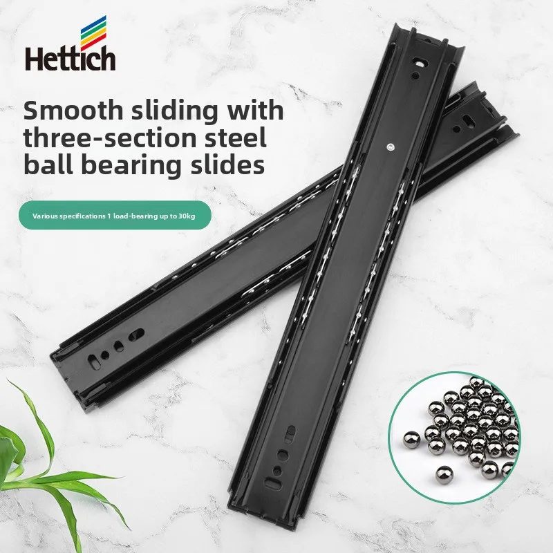 Three Section Full Extension Ball Bearing Drawer Slides In Cold Rolled Steel Black Electroplated Rails Without Soft Close